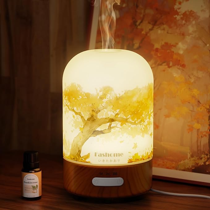 Glass Essential Oil Diffuser with Frankincense Oil, 100ml Ultrasonic Aromatherapy Humidifier, 6 in 1 Scent Vaporizer with Timer and Auto-Off (Autumn-Frankincense)