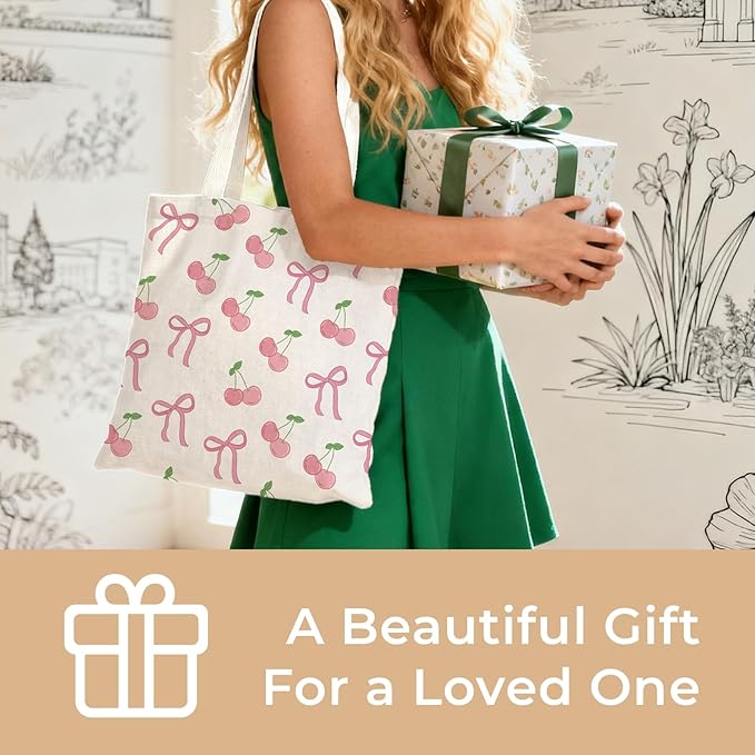 Cute Aesthetic Canvas Tote Bag for Women, Reusable Foldable Shopping Cotton Shoulder Totebag with Zipper Pocket