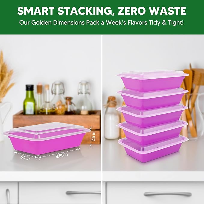50 Pack Meal Prep Containers with Lids 38oz - BPA-Free, Reusable, Leakproof Food Storage Containers - Microwave/Dishwasher/Freezer Safe, To Go Take Out Plastic Food Storage Pans(Purple)