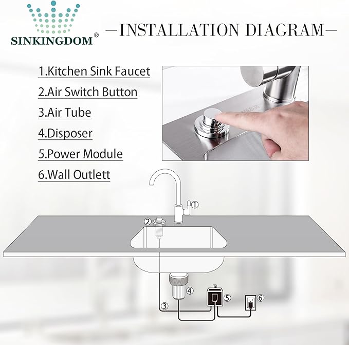 SinkTop Air Switch Kit with Chrome Long Button (Full Brass) for Garbage Disposal, Single Outlet