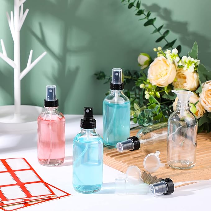 Fumete 36 Pcs Glass Spray Bottles 4oz Fine Mist Glass Spray Bottle Refillable Liquid Containers with 6 Labels 6 Funnel for Hair Travel Plants Cleaning Solutions Skin Care(Clear,Classic)