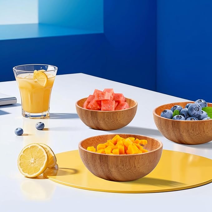 12 Pcs Acacia Wooden Bowls,Hand Carved Small Calabash Bowls, Round Wood Salad Dip Tray for Serving Popcorn, Pasta, Candy, Cereal, Coconut, Nuts, Sauce, Appetizers in Kitchen (4 Inch)