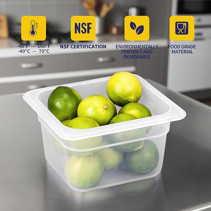 6 Pack 1/6 Size 4'' Deep Plastic Food Pans with Lids, Translucent, Commercial, BPA-free, Stackable Storage for Restaurants, Buffets