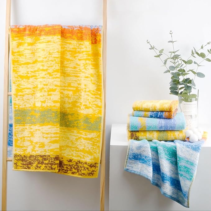 SEMAXE Bath Towel Set, 100% Cotton Bathroom Towels with Hanging Loops and Nano-Bio Lifecycle Labels, Include 2 Bath Towels, 2 Hand Towels, 4 Washcloths, Colorful Towel - Wheat Field Collection