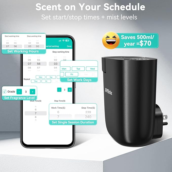 Plug in Diffuser, Waterless Oil Diffuser, Essential Oil Plug in Wall, Smart Bluetooth App Control, Up to 500 Sq.ft Coverage, Black