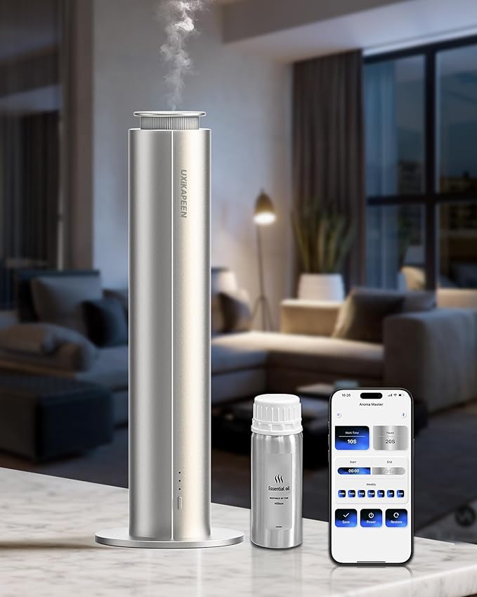 Waterless Diffuser for Home Large Room,Essential Oil Diffusers with 2000 Sq.Ft Coverage,Cordless Battery Operated Diffuser,Hotel Scent Diffusers Starter Kit for Bedroom/Office/Spa/App, Silver