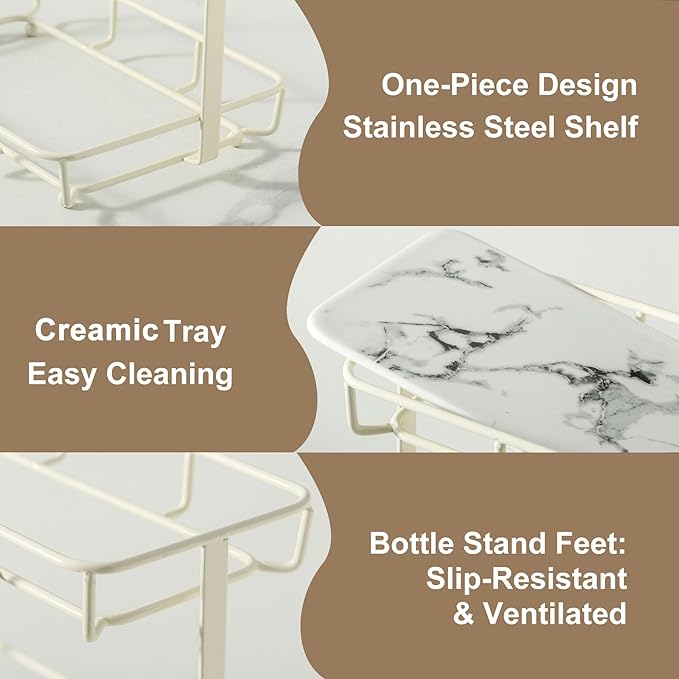 Bathroom Organizer Countertop Perfume Organizer Makeup Organizer Cosmetics Storage Display Rack Vanity Tray Dresser Stainless Steel Gold Shelf White Marble Ceramic Tray (2 Tier L-Cream)
