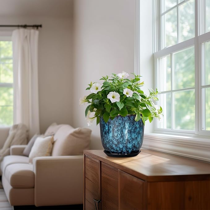 8 Inch Plant Pot - Ceramic Planter for Indoor Outdoor, Round Planter with Drainage Hole and Saucer, Modern Planters, Flower Pots, Apartment Porch Room Home Decor, Gardening Gifts, Blue