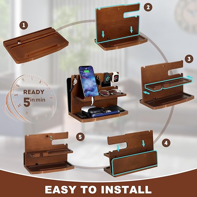 Gifts for Men Desk or Nightstand Organizer - Wood Phone Docking Station - Birthday Gifts for Husband, Fathers Day for Dad - Anniversary Idea from Wife - Key Holder, Stand Wallet, Watch & Essentials