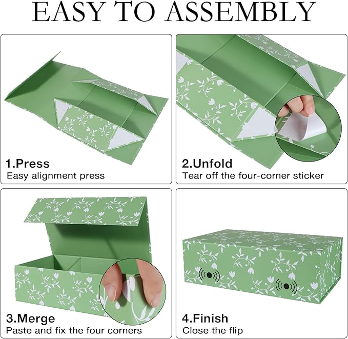 Green Leaves Gift Box with Magnetic Lids 13.8x8.3x4.4 in, Large Bridesmaid Proposal Boxes, Rectangle Wedding Decorative Storage Box 3 Pack