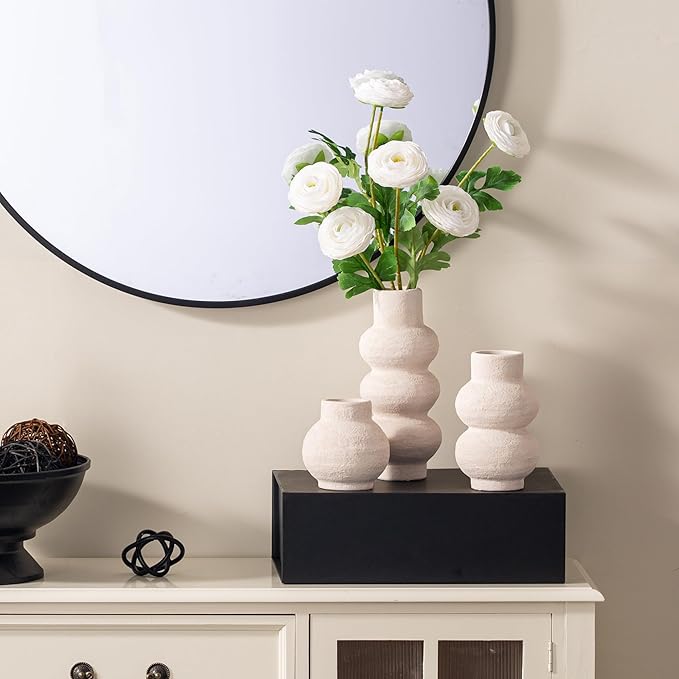 Ceramic Vase Home Table Decor - White Flower Vase Set of 3 Living Room Kitchen Decorations Farmhouse Modern Rustic Vases Decorative Centerpiece for Shelf Bedroom Office Bathroom Dining Coffee Desk