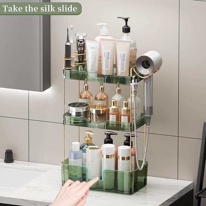 3 Tier Bathroom Organizer Countertop Makeup Perfume Tray Skincare Organizer Comes with Hair Dryer Rack and Toothbrush Holder for Bathroom Dresser Vanity (Green)