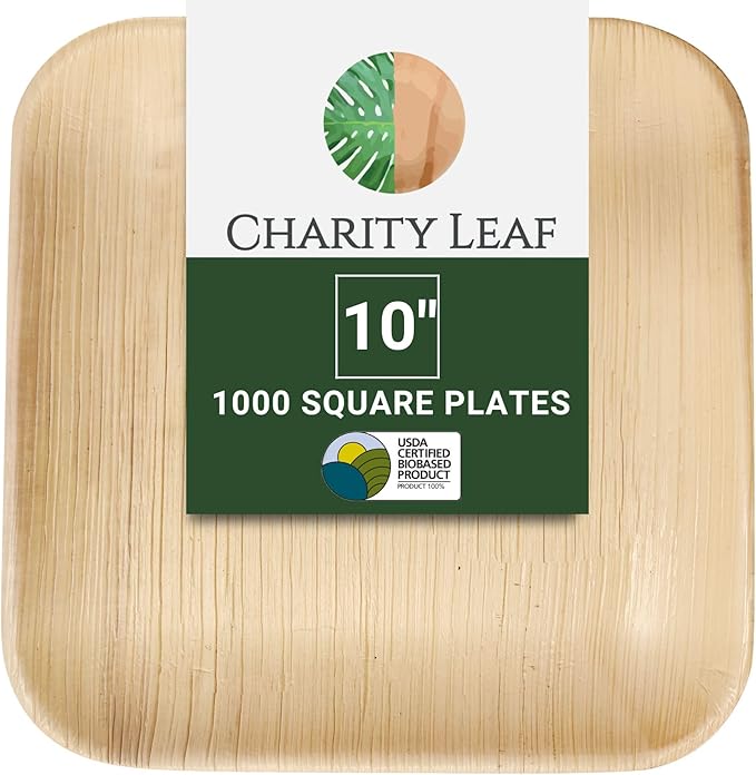Charity Leaf Disposable Palm Leaf 10" Square Plates (1000 pieces) Bamboo Like Serving Platters, Disposable Boards, Eco-Friendly Dinnerware For Weddings, Catering, Events