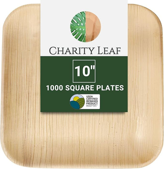 Charity Leaf Disposable Palm Leaf 10" Square Plates (1000 pieces) Bamboo Like Serving Platters, Disposable Boards, Eco-Friendly Dinnerware For Weddings, Catering, Events