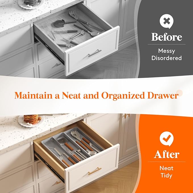 Lifewit Utensil Drawer Organizer, Expandable Cooking Silverware Tray for Kitchen Drawer, Adjustable Cutlery Flatware Holder, Plastic Spatula Tools and Gadgets Storage Divider, 3 Compartments, Gray