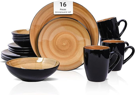Sonoma 16pc Stoneware Dinnerware Set, Outside Black + Inside Hand Painting Color Mocha