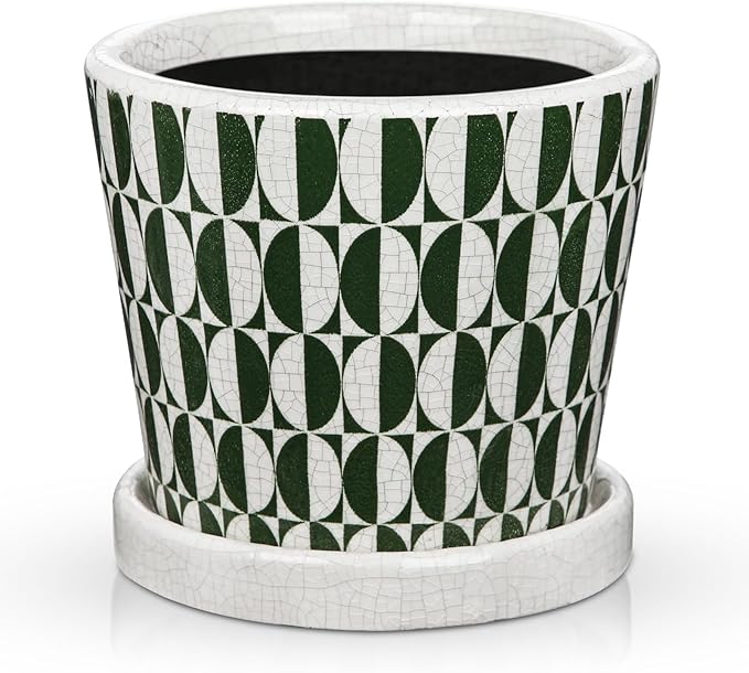 5.5 Inch Ceramic Plant Pot, Ice Crack Plant Pots with Drainage Hole and Saucer, Vintage Flowers Pot for Plants Indoor Outdoor Home Patio Office Decor (Green)