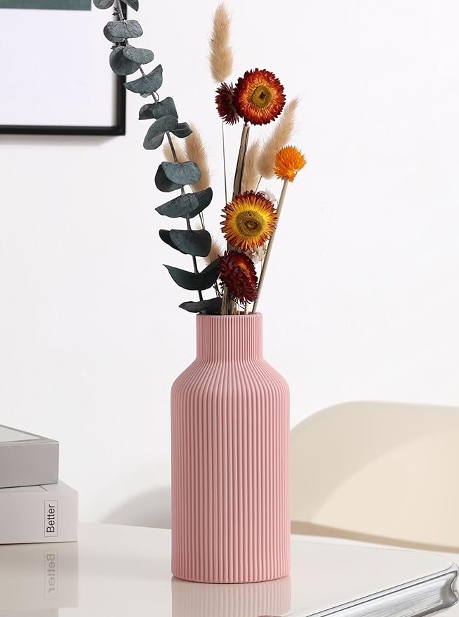 Pink Ceramic Vase for Decor,Minimalist Modern Home,Small Flower Vase for Pampas Grass,Table,Shelf Bookshelf Decor,Mantel and Entryway Decorative(8 in)