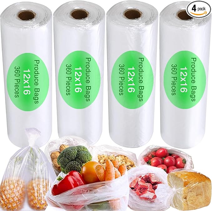 12" x 16" Plastic Produce Bags Roll, Fresh-Keeping Disposable Food Storage, Clear Plastic Bags for Food, Bread, Refrigerator Storage, Kitchen, Supermarket, 1400 (4 rolls x350)