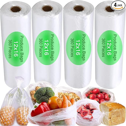 12" x 16" Plastic Produce Bags Roll, Fresh-Keeping Disposable Food Storage, Clear Plastic Bags for Food, Bread, Refrigerator Storage, Kitchen, Supermarket, 1400 (4 rolls x350)
