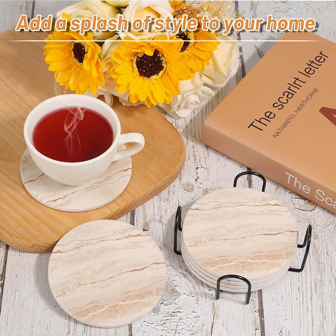 Acejoz Drink Coasters Set of 6, Absorbent Coaster for Coffee Table Decor, Marble Style Ceramic Coaster for Home Decor, 4 Inches
