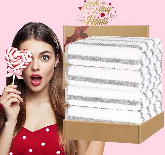 Grey and White Bath Towels (4PC, Large 30"x56") - Cotton | Hotel Quality | Lightweight | Thick | Soft | Absorb, Striped Towels for Bathroom, Quick Dry Towel for Shower, Gray and White Stripe