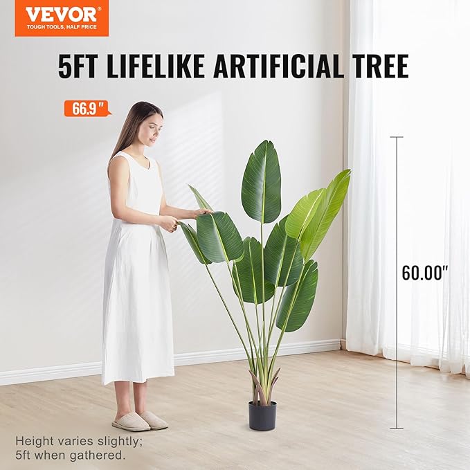 VEVOR Artificial Bird of Paradise Tree, 5 FT Tall Faux Plant, PE Material & Anti-Tip Tilt Protection Low-Maintenance Plant, Lifelike Green Fake Tree for Home Office Warehouse Decor Indoor Outdoor