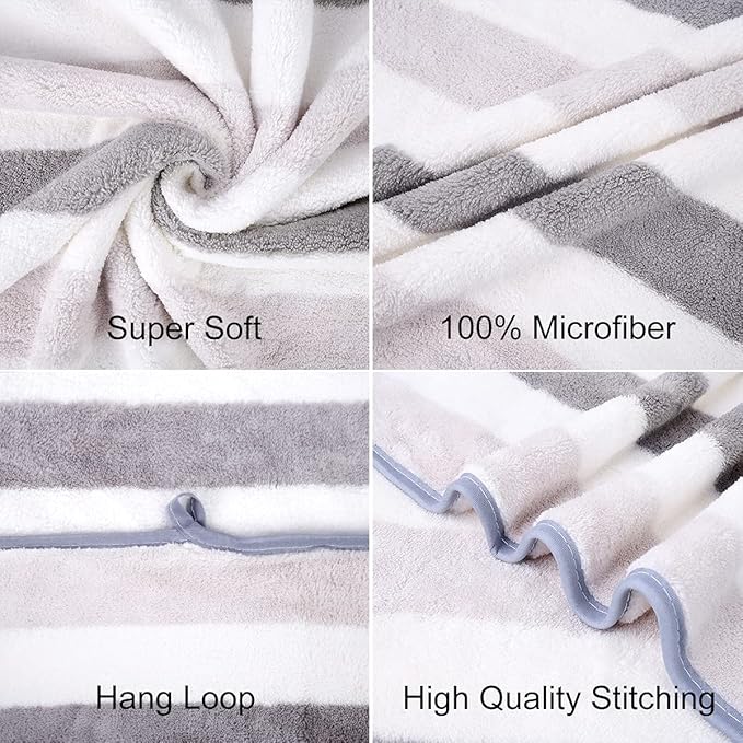 JML Large Microfiber Bath Towels for Adult, 2 Pack, 30" x 60", Oversized Fleece Cabana Stripe Towels Grey, Soft, Super Absortbent, Fast Drying for Suana,Shower,Bathroom,Sport,Fitness,Yoga