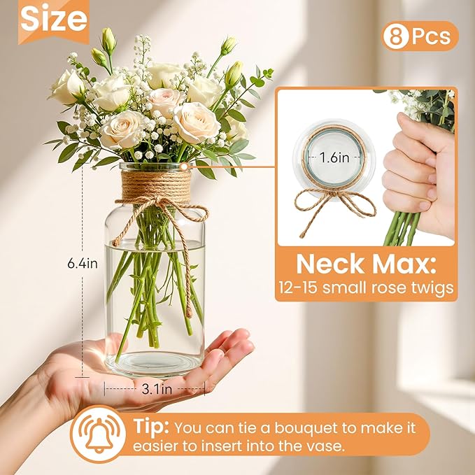 Vintage Glass Flower Vase Set of 8 Clear Vases with Hemp Rope for Farmhouse Wedding Centerpiece Cylinder Bottle for Reception Table Decoration Home Decor Floral Arrangements（Large）