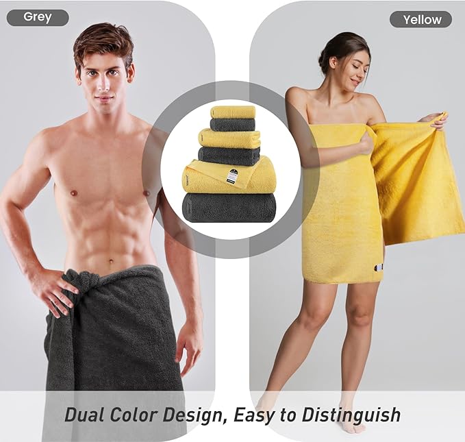SEMAXE 12-Piece Mixed Color Towel Set (Yellow, Grey) - 100% Cotton, Lightweight, Absorbent, Quick-Drying Bathroom Towel, Ideal for Couples and Gifts, Bath Towel, Hand Towel, and Washcloth Per Color