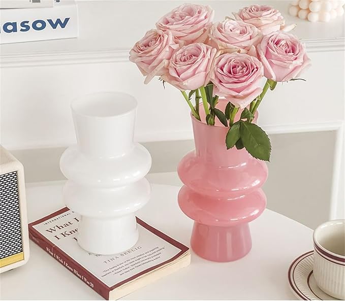 JSPYFITS Modern Glass Vases, 7.87" Tall Four-Layer Book Vase Bubble Flower Vases Decorative for Home Décor, Decorative Pink Glass Table Vase for Wedding Housewarming Gift