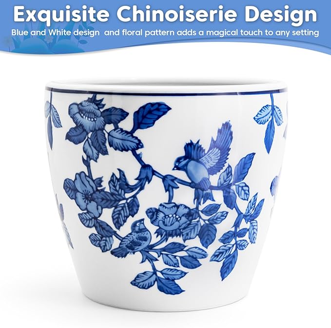 8 inch Ceramic Flower Pots, Chinoiserie Decor Ceramic Planter Plant Pots for Indoor Plants with Drainage and Saucer, Blue and White