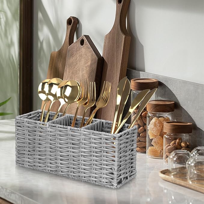 Ayiaren Grey Plastic Cutlery Silverware Holder Small Utensil Organizer Holders for Kitchen Counter Party Flatware Caddy Table Silverware Organizer Basket Spoon Knife Fork Holder Picnic Utensil Caddy