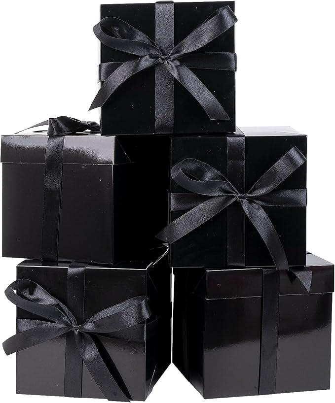 Jaywayang 5 Pack Black Gift Boxes with Lids, Ribbons and Tissue Papers Square Gift Boxes - 7.1 Inch - Birthday, Wedding, Presents Wrapping, Father's Day, Valentine's Day Decoration Party Favor Boxes.