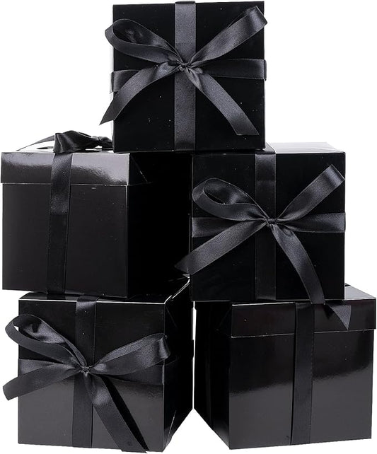 Jaywayang 5 Pack Black Gift Boxes with Lids, Ribbons and Tissue Papers Square Gift Boxes - 7.1 Inch - Birthday, Wedding, Presents Wrapping, Father's Day, Valentine's Day Decoration Party Favor Boxes.
