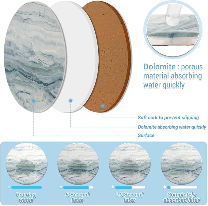 Acejoz Drink Coasters with Holder for Coffee Table, Absorbent Coasters Set of 6, Marble Style Ceramic Coaster for Wooden Table, Suitable for Kinds of Cups, Home Decor, 4 Inches(Blue)