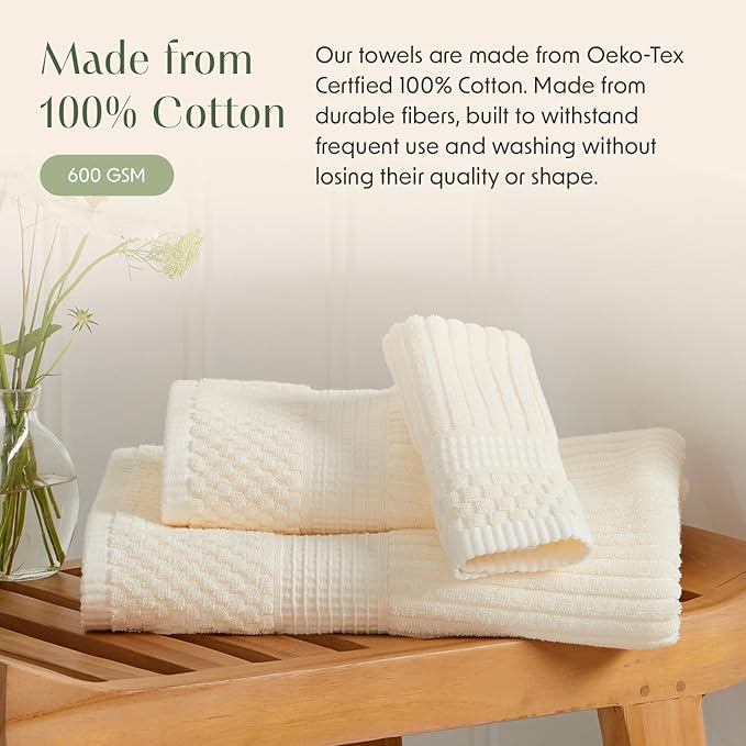 Springtree Home 100% Cotton Bath Towel Set of 4 | Super Soft & Absorbent with Quick-Dry Fibers | 4 Bath Towels | Textured and Durable Cotton | Krista Collection (Cream)