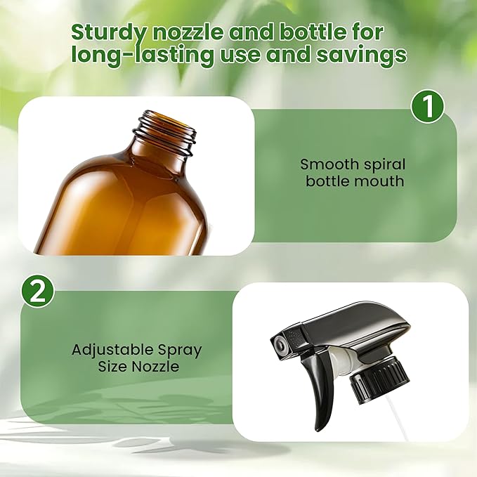 Supercenter Glass Spray Bottles, Amber Glass Spray Bottles, 16oz, Adjustable Nozzle for Stream and Spray, Reusable, for Essential Oils, Cleaning Products, Detergents(2PS)