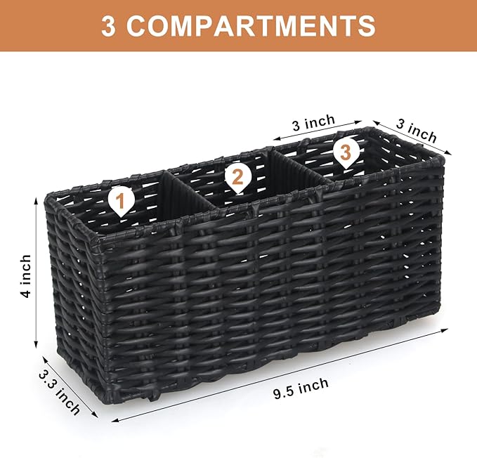 Ayiaren Wicker Silverware Cutlery Holder Black Flatware Utensil Caddy Best Silverwares Organizer Storage for Countertop Party Kitchen Utensils Holder Flatware Silverware Caddy Spoon and Fork Holders