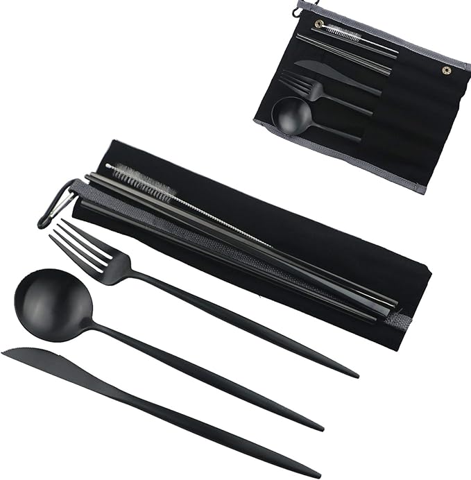 Gugrida Luxury Black Matte Portable 18/10 Stainless Steel Travel Flatware Sets of 7 Portable Camping Cutlery Set, Healthy & Eco-Friendly Flatware Set with Carrying Case for Travel or Camping