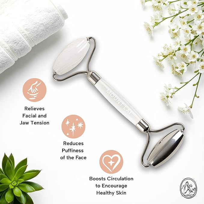 Mount Lai The Vitality Qi White Jade & Stainless Steel – The Stone of Harmony and Clarity, Face Roller for Soothing, Refreshing & Radiant-Looking Skin, Facial Massager Tool for Self-Care Ritual