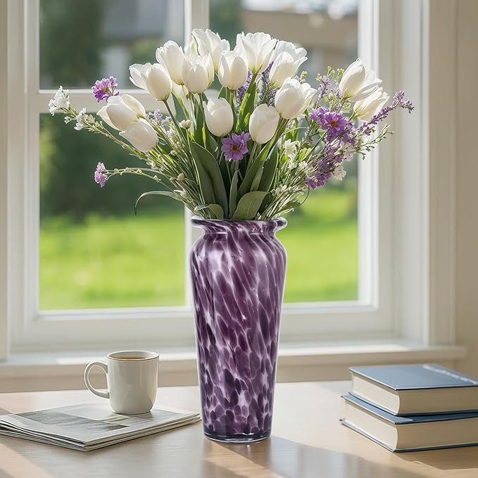 Blown Glass Purple vase, Purple Home Decorations, Modern Art Wide Mouth vase for Living Room Dining Table Coffee Table entryway TV Cabinet nightstand Centerpiece.