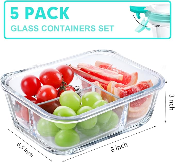 VERONES 5 Pack Glass Meal Prep Containers 3 Compartment Set, 36OZ Airtight Glass Lunch Containers, Glass Food Storage Containers with Lids, for Microwave, Oven, Freezer & Dishwasher Friendly,Green