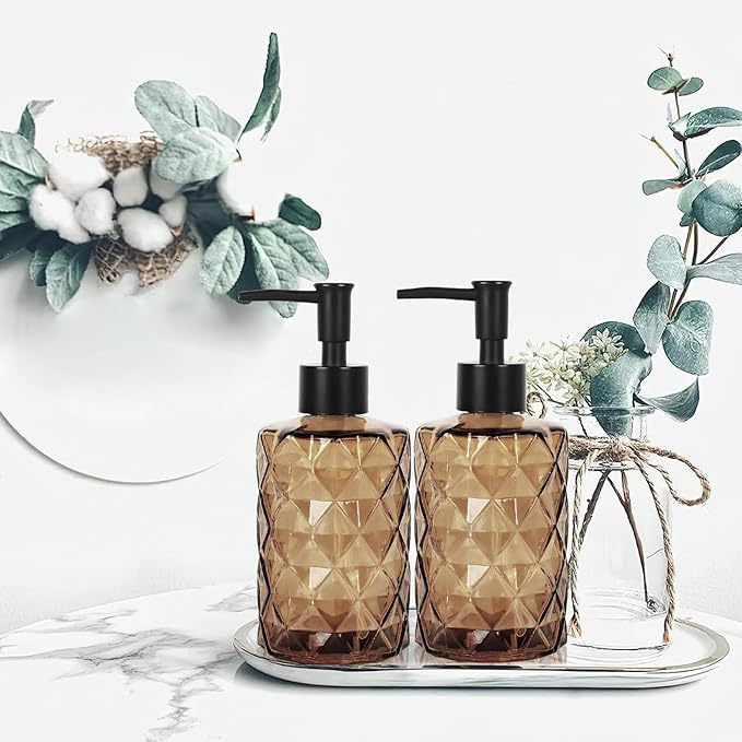 Dark Brown Glass Soap Dispenser with Pump, 12oz Diamond Design Hand Soap Dispenser, Refillable Lotion Dispenser & Dish Dispenser, Bathroom Dispenser for Dishwashing Liquid, Shower Gel
