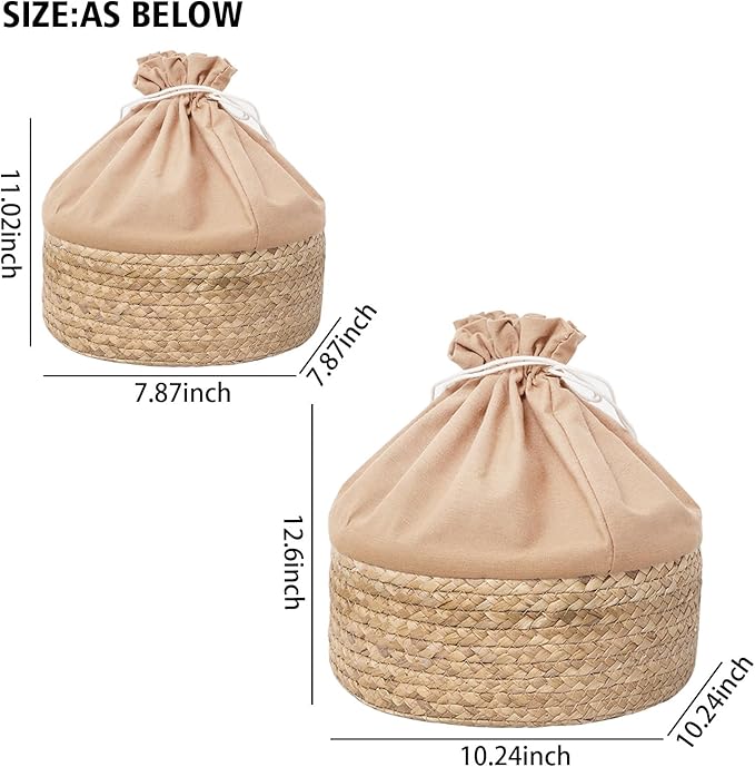 Round Gourd Grass Woven Storage Basket with Liner - Small Woven Baskets for Organizing Kitchens Closet Shelves Bathrooms and Laundry Rooms - Round Basket (One Large)