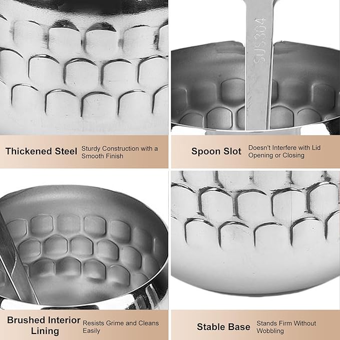 Diydeg Seasoning Jars, Stainless Steel Seasoning Jars Sugar Bowl Metal Seasoning Pots Condiment Jar Container with Clear Glass Lids Spoons Tray for Kitchen