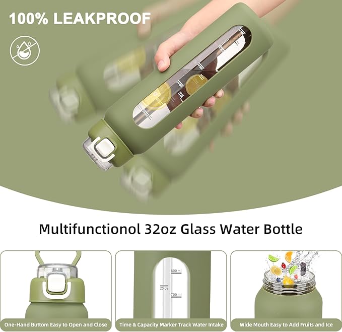 32 oz Glass Water Bottles with 2 Lids-Handle Spout Lid & Straw Lid, 1 Liter Motivational Borosilicate Water Bottle with Time Marker and Silicone Sleeve,Leakproof-Army Green-1 Pack