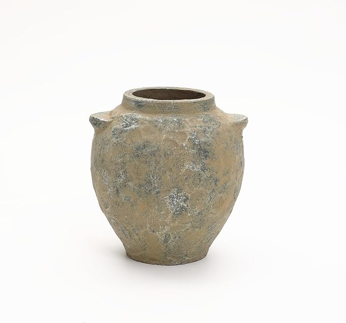 LuxenHome Rustic Ceramic Vase, 11" Tall Old-World Brown with Gray Round Terracotta Vases with Handles, Vintage Pottery Decorative Vase for Shelf Dining Table, Farmhouse Flower Vase for Home Decor