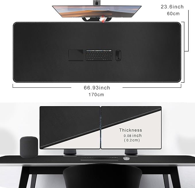 CENNBIE Leather Desk Mat, 66.9" x 23.6" Extra Large Desk Pad Blotter Protector, Extended Non-Slip Mouse Pad, Waterproof PU Leather Desk Mat on top of desks Large for Office and Home (Black)