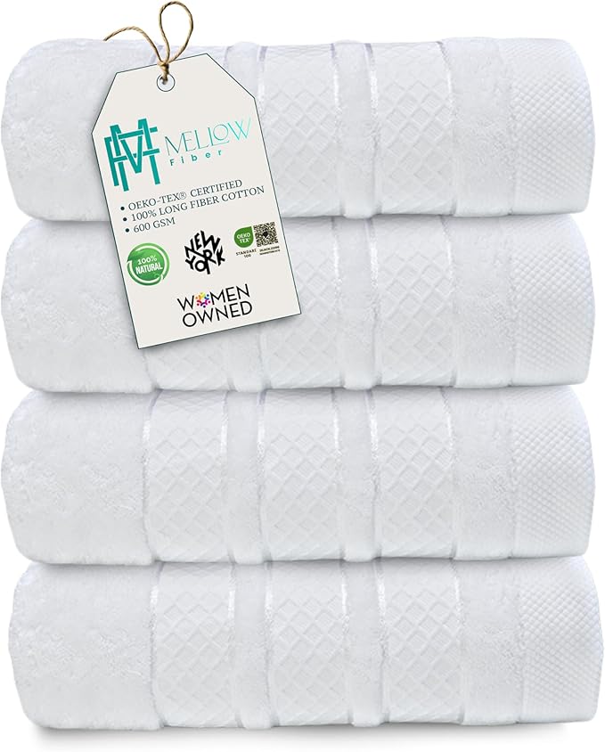 Premium Towel Set: Super absorbent, quick-drying, soft, plush. Features hanging loop, fade-resistant, eco & skin-friendly dyes. Luxury dobby design for bath or spa. (white, Bath Towel Set of 4)